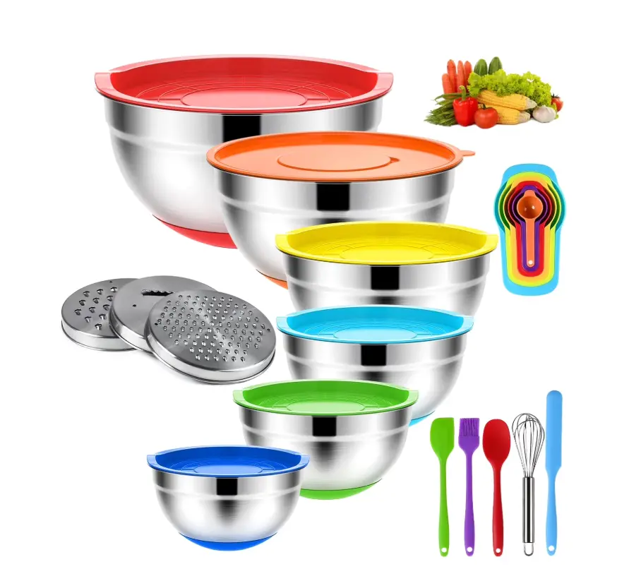 20-Piece Stainless Steel Mixing Bowls Set with Lids Non-Slip Rubber Bottoms Nesting Kitchen Bowls Multi-Color includes Measuring Cups and Spatulas