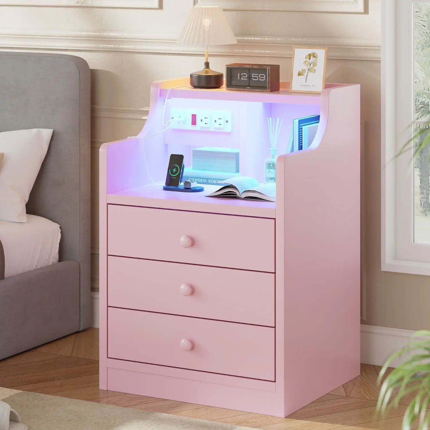 SIKAIC Compact Pink Modern LED Nightstand with 3 Drawers - Bedroom Storage Furniture, Adjustable RGB Light Bedside Accent Table with USB+AC Charging Station, Indoor Tables & Desks
