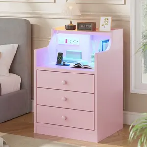 Sikaic LED Nightstand with 3 Storage Drawers, Pink Modern Accent Table, LED Nightstand Sets for Bedroom Furniture