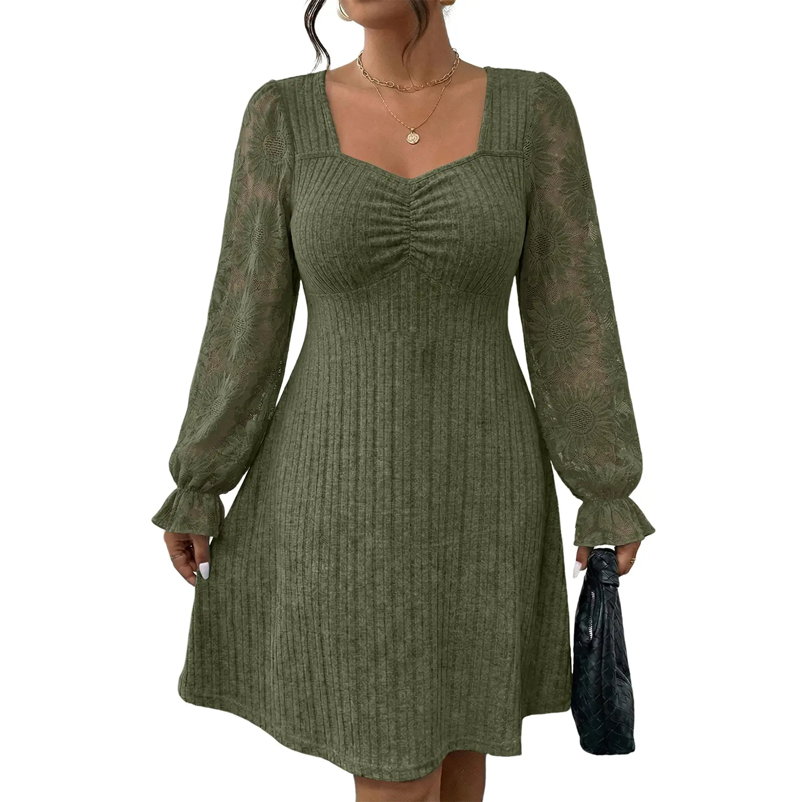 Eytino Womens Plus Size Sweetheart Neck Lace Long Flounce Sleeve Ribbed Elegant Mini Dress (1X-5X)