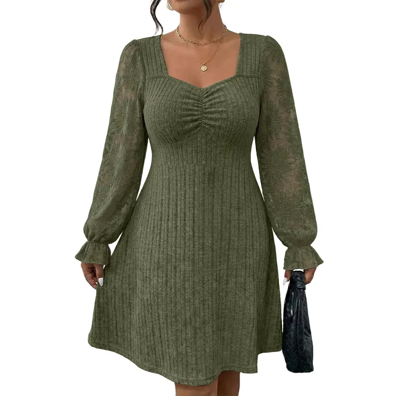 Eytino Womens Plus Size Sweetheart Neck Lace Long Flounce Sleeve Ribbed Elegant Mini Dress (1X-5X)