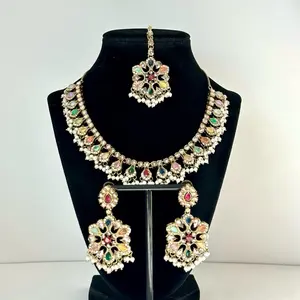 Mohini Bollywood Polki and MonaLisa Elegant Necklace Set with Earrings and Tikka Featuring Colorful Stones and Intricate Design