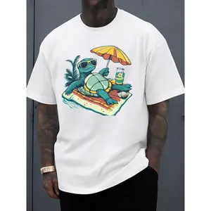 Relaxing Turtle T-Shirt Men T Shirt White Summer 2026 Breathable Fabric, Round Neck, Short Sleeves New Spring and Fall Printed T-shirts, Fashionable and Trendy Wearable Year-round Outdoor Activity Clothing, PLUS SIZE