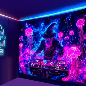 1pc UV-reactive wizard DJ tapestry. Vibrant neon glow with pink mushrooms and starry night design. Polyester fabric, no power needed. Easy to install. Perfect for bedrooms, offices, or mystical living room decor. Wizard-themed atmosphere.