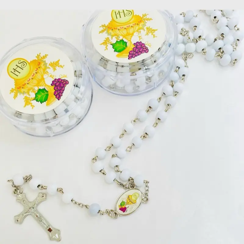 12pcs Wooden Caliz Rosaries Faith Necklace, First Communion Party Favors, Boxed Party Supplies with Free White Gift Bags