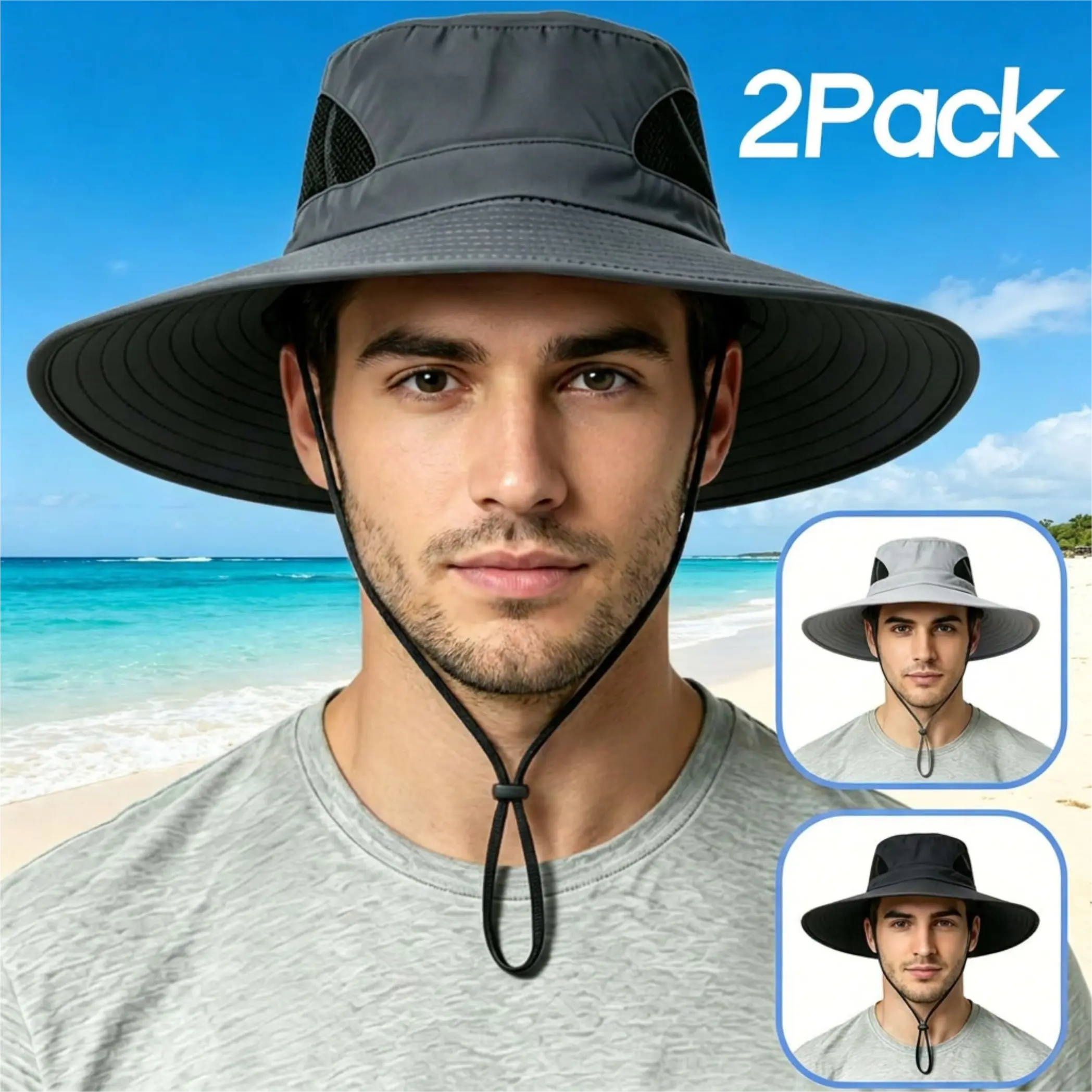 HOMEYA 2 Pack Sun Hat for Men & Women, Wide Brim Waterproof Bucket Hat with UPF 50+, Lightweight Adjustable Cooling Cap for Fishing & Hiking, Adjustable Sun Hat, Lightweight Sun Hat