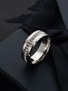 Unisex Fashion Simple Single Row Zirconia Inlaid Stainless Steel Ring, Casual Trendy Promise Ring, Versatile Accessories for Women & Men, Artificial Zircon Ring