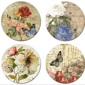 Vintage Flower & Butterfly Pattern Coaster, 4 Counts Round Non-slip Heat Resistant Placemat, Decorative Coaster for Home Kitchen Dining Room Wooden Coasters