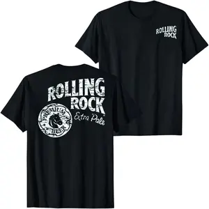 Rolling Rock Extra Pale Premium Beer Graphic T-Shirt, Vintage Distressed Logo Back Print Tee, Classic Brewery Style Black Unisex Streetwear Casual Summer Shirt