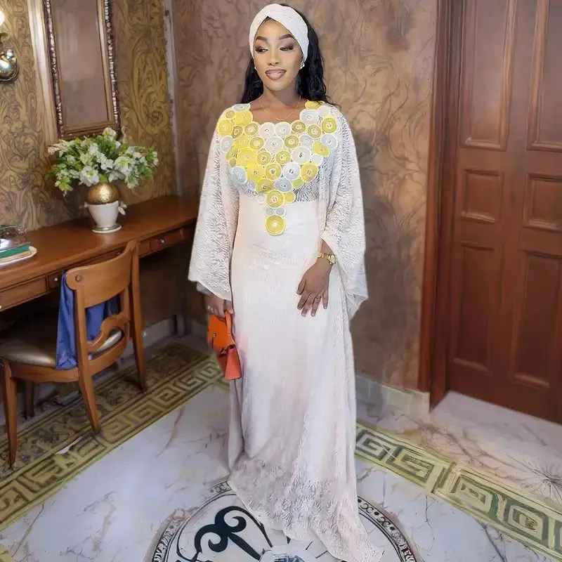 Women's Modest African Kaftan, 3-Piece Maxidress Set with Inner Dress, Headscarf, and Lace Accents, Casual Fashion Evening Gown, Lady, Casual Fashion Dress, African Fashion