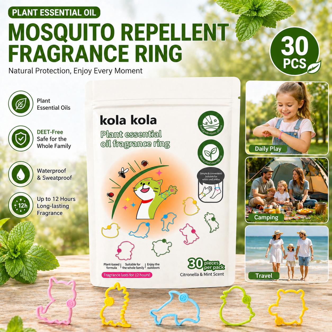 Kola Kola mosquito repellent bracelets, made with natural plant essential oils - 30 bracelets per pack, suitable for adults and children, made of silicone, for outdoor travel protection. Kola Kola mosquito repellent bracelets, made with natural plant essential oils - 30 bracelets per pack, suitable for adults and children, made of silicone, for outdoor travel protection.