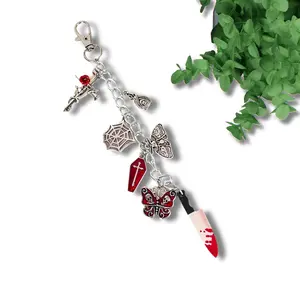 Blood Line E-reader Chain Bookish Clip-On Accessory for Kindle Tablet or Other Device Knife, Red Coffins, Cob Webs, Moths, Bats and Gothic Crosses