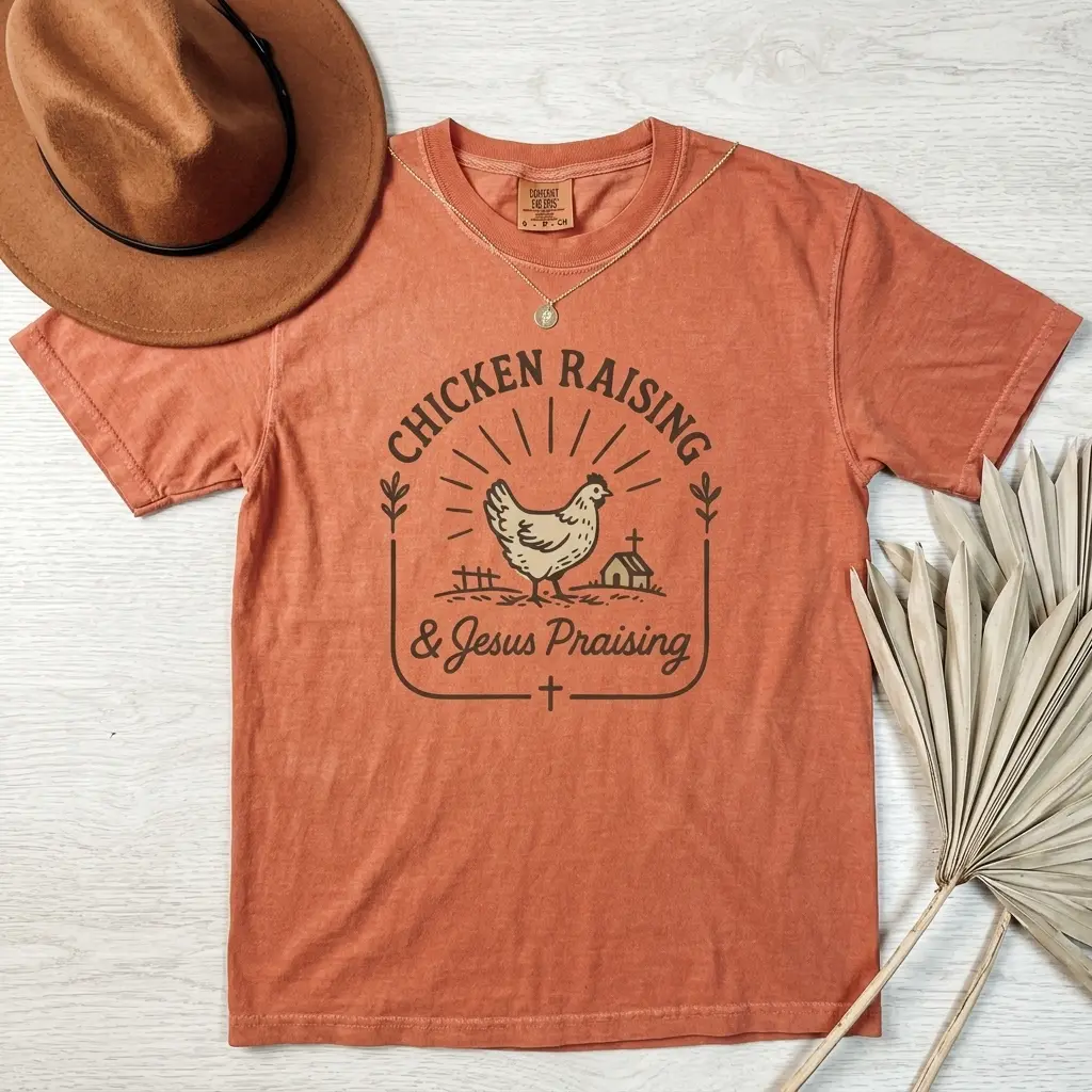 Chicken Raising & Jesus Praising Tee, Farm Life Tshirt, Faith + Poultry Lover Gift, Christian Homestead Graphic Tee Casual Breathable Top Casual Fashionable Top Classic Clothes