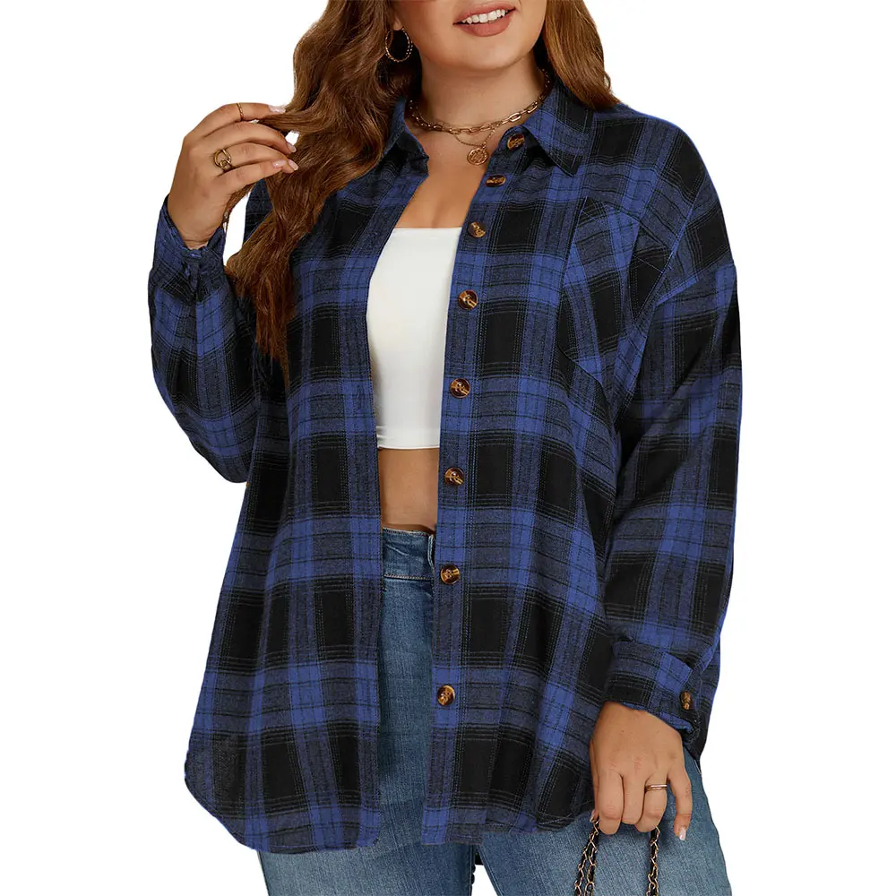 Women's Plus Size Plaid Flannel Shacket, Comfy Loose Fit Button Down Tunic Top with Pocket, Casual Long Sleeve Fall Shirt, Oversized, Cute, Leggings, Baggy, Check, Lady