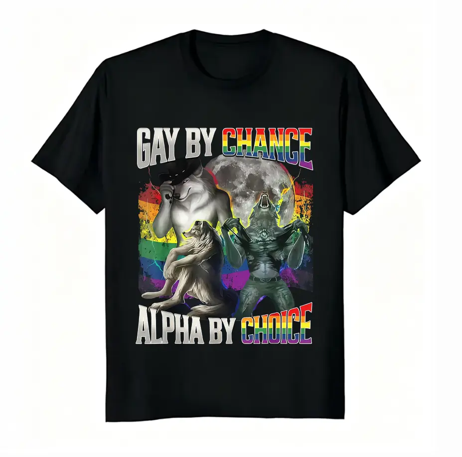 Gay By Chance Alpha By Choice Rainbow Wolf Meme T-Shirt, Unisex 100% Cotton Pride Graphic Tee