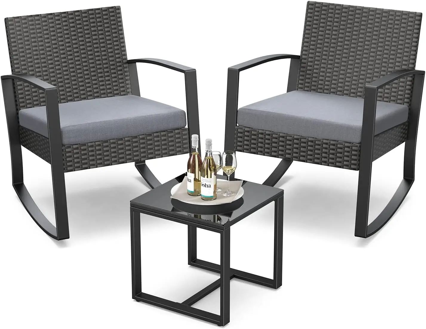 Gizoon 3 Pieces Patio Furniture Set Rocking Bistro Set Outdoor Rattan Conversation with Coffee Table for Garden Balcony Backyard Poolside (Grey Cushio