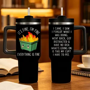 Dumpster Fire 40oz Tumbler with Handle, Funny ADHD Humor Stainless Steel Coffee Cup, Office Gag Gifts for Him Her, Insulated Travel Mug with Straw