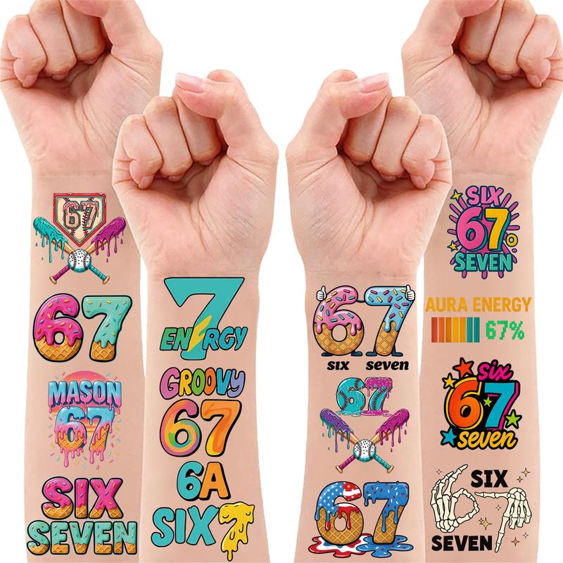 40PCS 67 Meme Temporary Tattoos Unique Designs for Kids Party Supplies Colorful 67 Stickers Back To School Gift Waterproof Non Toxic Safe Materials Easy Application
