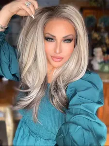 MACA BAKA Hana Ashy Blonde with Brunette Dipped Ends Ombre Highlight Layered Synthetic Lace Front Wig with Scandinavian Hairline 18 Inches Medium Length Low Density Natural Wavy Blonde Brown HD 13x4 Lace Front Wigs for Women