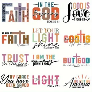 12 Inspirational Bible Verses Heat Transfer Stickers Christian Faith God Design Multi Color Washable Pocket Size Vinyl Stickers for DIY T Shirts Bags