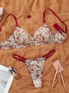 Red Floral Sexy Lingerie Set, Lace Trim Mature Ladies Underwire Bra and Thong Two-Piece Bralette Underwear,  Valentine's Day New Year Gift, Fitted Min Support, All Seasons Underwear Sets