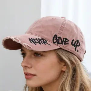 Women's Distressed "Never Give Up" Polyester Baseball Cap, Vintage Black Wash, Side Embroidery, Curved Brim, Adjustable Snapback, Lightweight Casual Everyday Wear, Hand Wash Only, Female,summervibes