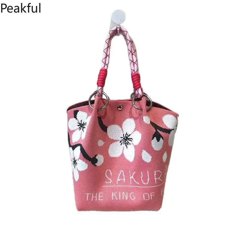 Bohemian Flower Knit Mini Bucket Bag, Popular Colorful Woven Tote Purse, Lightweight Floral Print Handbag, roomy interior & vibrant pattern, great for daily use, travel and adding a pop of color to your look