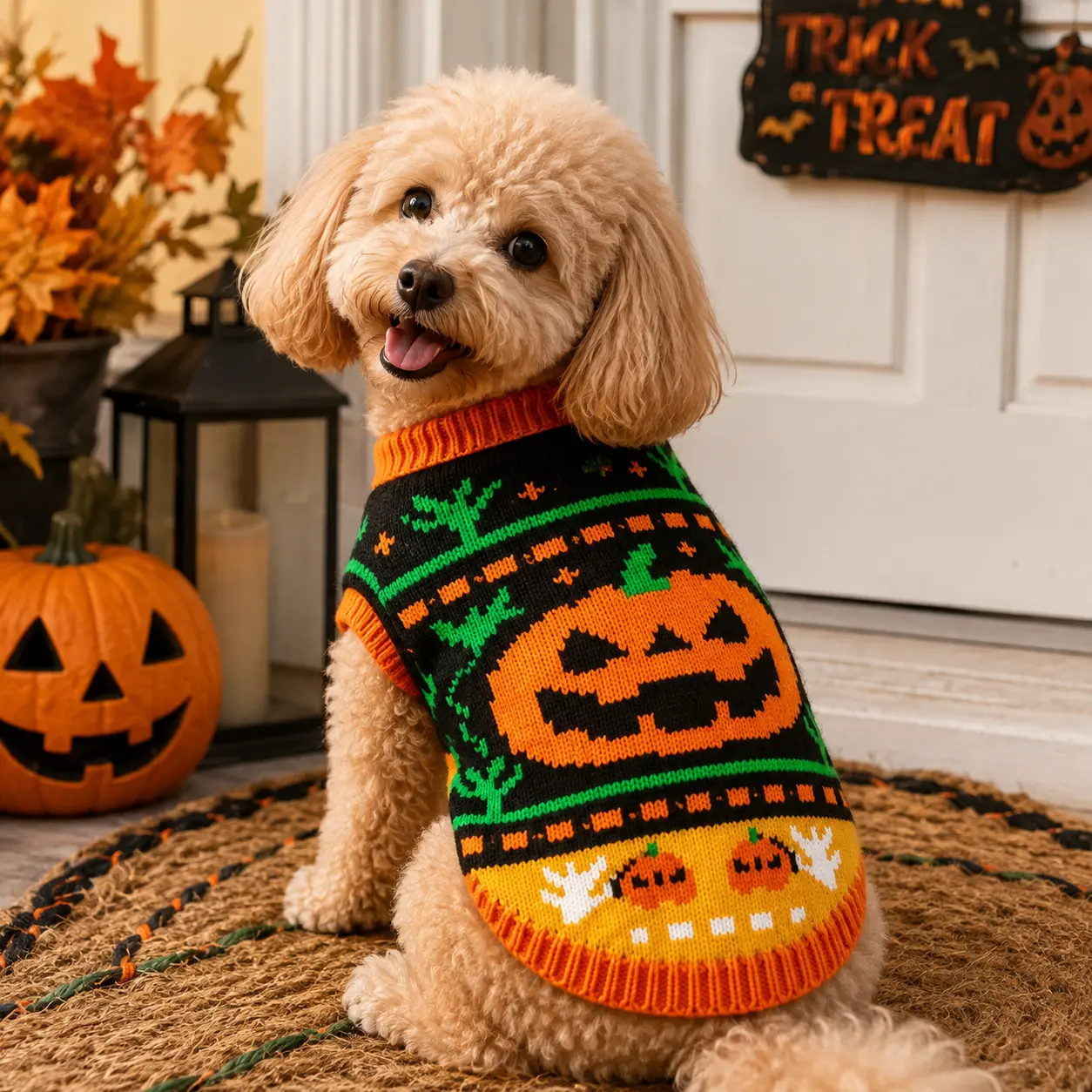 Halloween Dog&Cat Sweater, Cozy Knit Pet Clothes with Pumpkin & Ghost Pattern, Cute Fall Dog Outfit for Small Medium Dogs