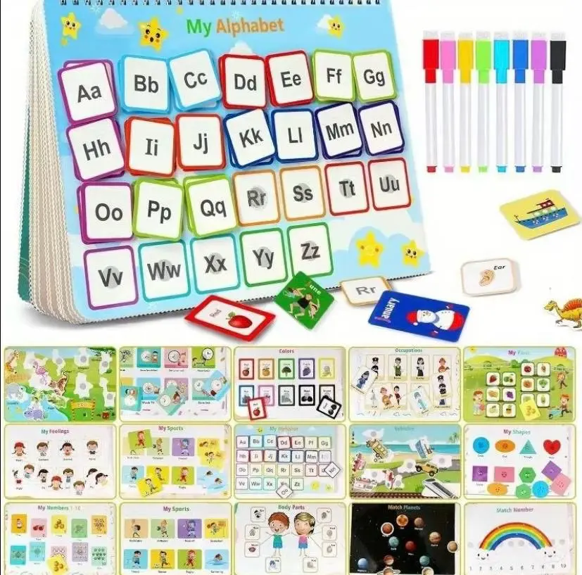 Montessori Preschool Learning Busy Book - 32-Page Dinosaur-Themed Card Stock Activity Binder, Erasable Pens, Number Tracing Supplies, Memory/Language/Alphabet Tools, Neurodivergent Toddler Toy with Storage Bag (Birthday Gift), Birthdays