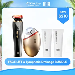 INIA GLACE & FLARE Bundle – All-in-1 Face & Neck Sculpting Beauty Device for Lymphatic Drainage with Microcurrent Lifting, Lift, Tighten, De-Puff, Serum Infusion, Red & Blue Light, Thermal & Cryo Therapy, Buy 1 Get 4, Ideal Gift Set
