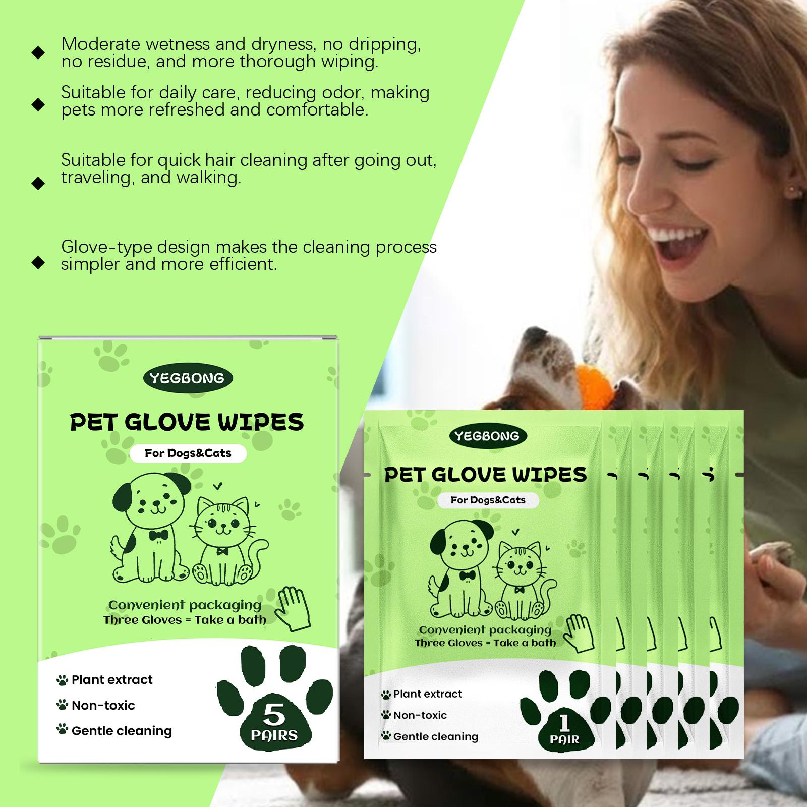 Pet Cleaning Disposable Gloves - Non-Soap Cleaning Gloves for Removing Dirt and Odors from Cats and Dogs' Bodies