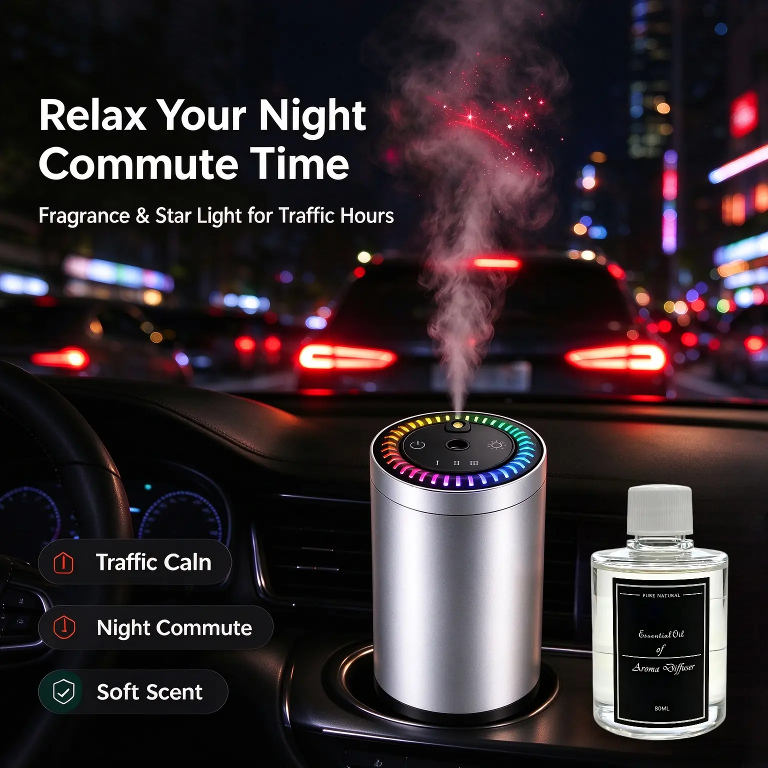 2026 Silver Edition Metal Body Aroma Diffuser Humidifier - Built-in Smart 3 Modes, 8 Ambient Lights, Starry Sky Design, 90ml Cologne Oil, Car Aromatherapy Accessory for Daily Car Care