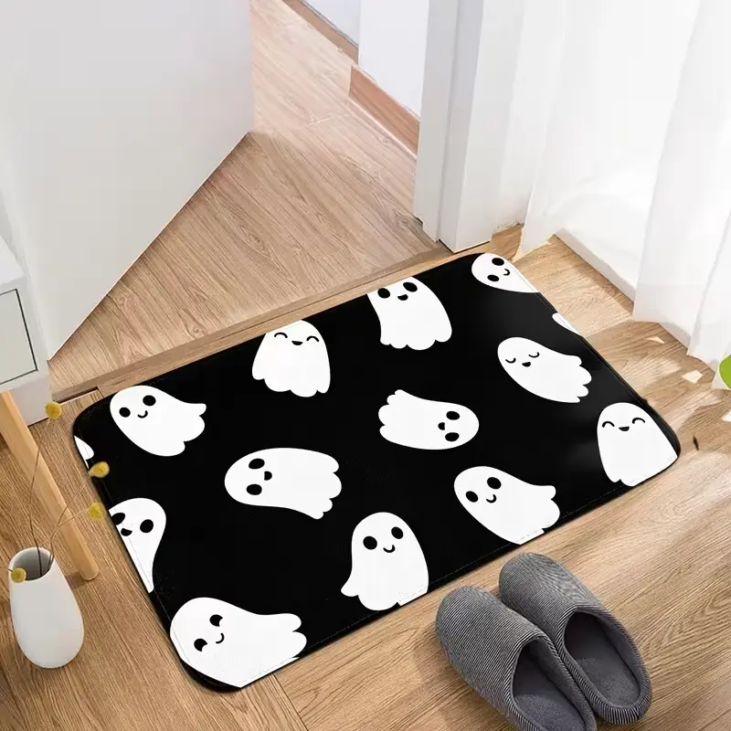 Cute White Ghost Pattern Bath Mat, Black Flannel Floor Rug for Bathroom, Playful Halloween Home Decor for Bedroom Entryway Dorm Room, Fun Holiday Birthday Housewarming Gift