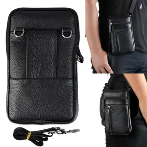 Unisex Black Fashion Leather Phone Pouch Belt Bag Shoulder Crossbody Travel & commuting Waist Pack
