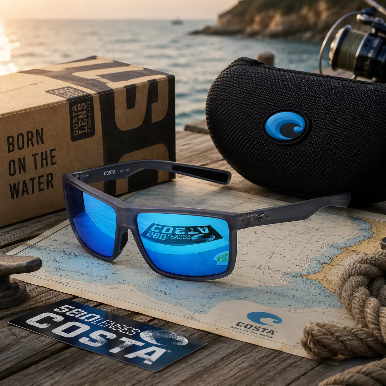 Full Box Costa Del Mar Rinconcito Costa 580G Men’s Polarized Sunglasses Black Frame Blue Mirror Lens UV400 Fishing Driving Outdoor Sport Glasses with Case Box