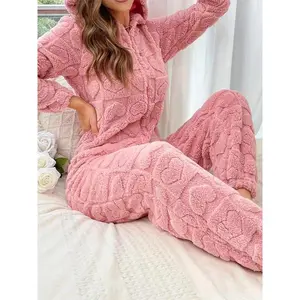 Women's Heart Jacquard Zip Up Hooded Sleep Jumpsuit, Casual Long Sleeve Jumpsuit for Fall & Winter, Women's Sleepwear for Indoor Wear??gift?? Womenswear LoungewearGift