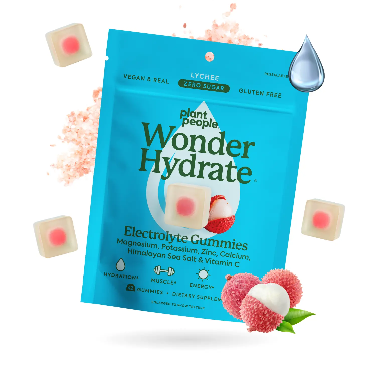 WonderHydrate Electrolyte Gummies by Plant People - Zero Sugar, Dual-Layer Hydration Gummies - Salty Lychee Flavor WonderHydrate Electrolyte Gummies by Plant People - Zero Sugar, Dual-Layer Hydration Gummies - Salty Lychee Flavor