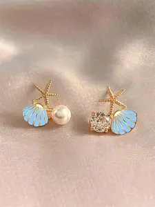 Faux Pearl Decor Shell & Starfish Design Stud Earrings, Statement Earrings, Elegant Stud Earrings for Women & Girls, Trendy All-match & Exquisite Jewelry for Birthday Gift, Ear Studs