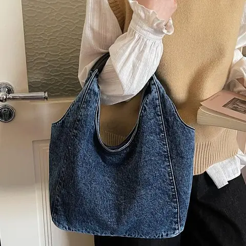 Women's Vintage Washed Denim Hobo Tote Bag - High-Capacity Plain PU Leather Handbags for Women with Padded Smooth Handle, Slouchy Silhouette, Zipper, Charcoal/Dark Blue Everyday Bag for School Commute, Minimalist Outfits