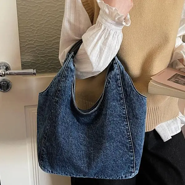 Women's Vintage Washed Denim Hobo Tote Bag - High-Capacity Plain PU Leather Handbags for Women with Padded Smooth Handle, Slouchy Silhouette, Zipper, Charcoal/Dark Blue Everyday Bag for School Commute, Minimalist Outfits