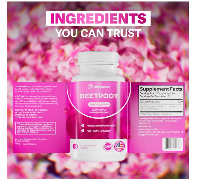 4 Pack Rosabella Organic Beet Root Capsules - 1300mg Beet Root Powder Aids Healthy Circulation & Vitality, Non-GMO, Beet Root Supplement - 60 Capsules, 30-Day Supply