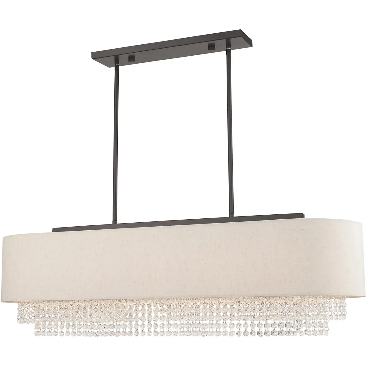 12.25 inch 5 Light English Bronze Linear Chandelier with Clear Crystals/ Hand Crafted Oatmeal Fabric Hardback Shade
