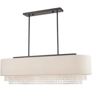 12.25 inch 5 Light English Bronze Linear Chandelier with Clear Crystals/ Hand Crafted Oatmeal Fabric Hardback Shade