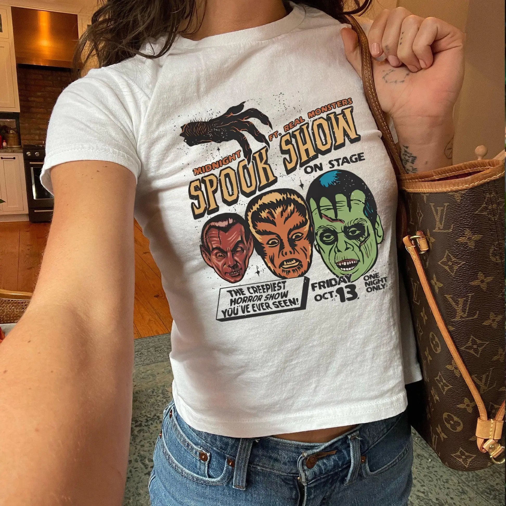 Spook Show 90s Baby Tee Summerween Top Vintage Halloween Cult Classic Horror Grunge Fright Night Monster Mash Frankenstein