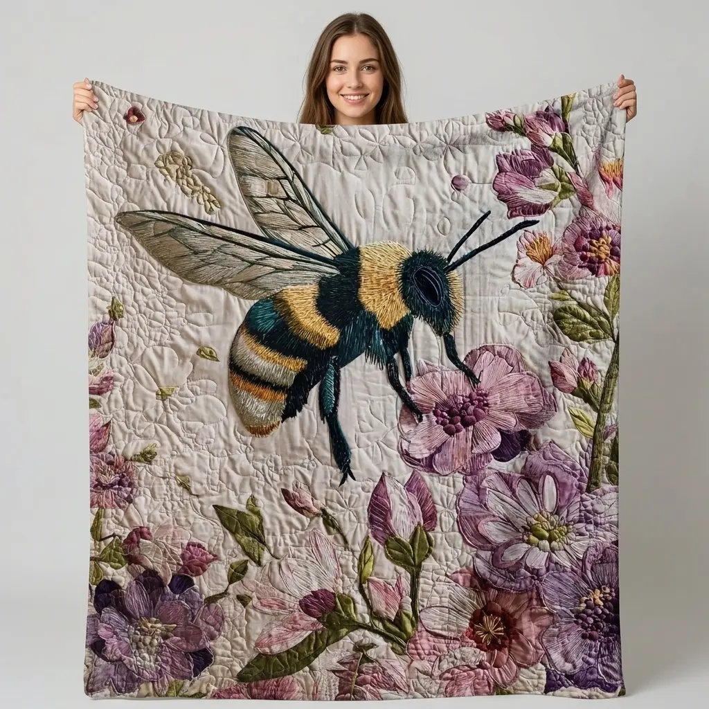 SLEEPWISH 30 x 40 in Breathable Cottagecore Floral Bumblebee Digital Print Blanket - Artistic Embroidery-Look Purple Flower Bee Throw for Rustic Farmhouse Home Decor, Business Trips, Car, Daily Office Life, Purple Flowers, Anti-Pilling Flannel, Home/Car/O