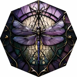 Automatic Open Close Windproof Umbrella with Elegant Purple Golden Dragonfly Design Portable Folding Lightweight for Women Men   Print