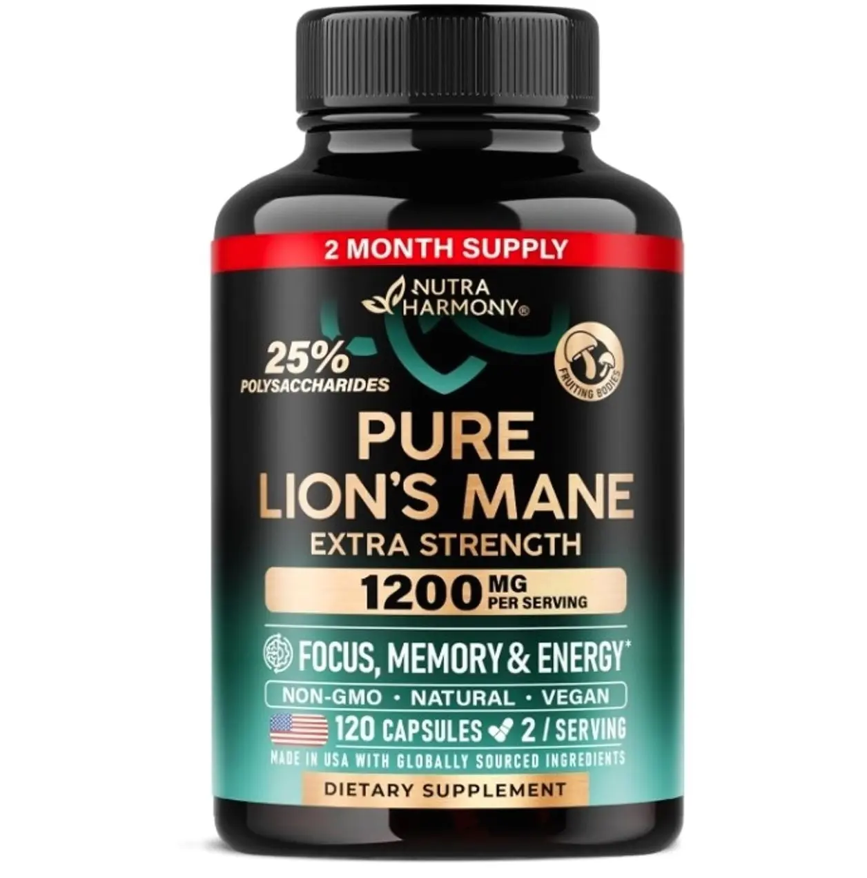 Lions Mane Supplement Capsules - for women & Men - Organic Lions Mane - Fruiting Bodies Extract - 1200 mg, 25% Polysaccharides - Memory & Focus Support - As Lions Powder - 120 Capsules, 2 Month Supply