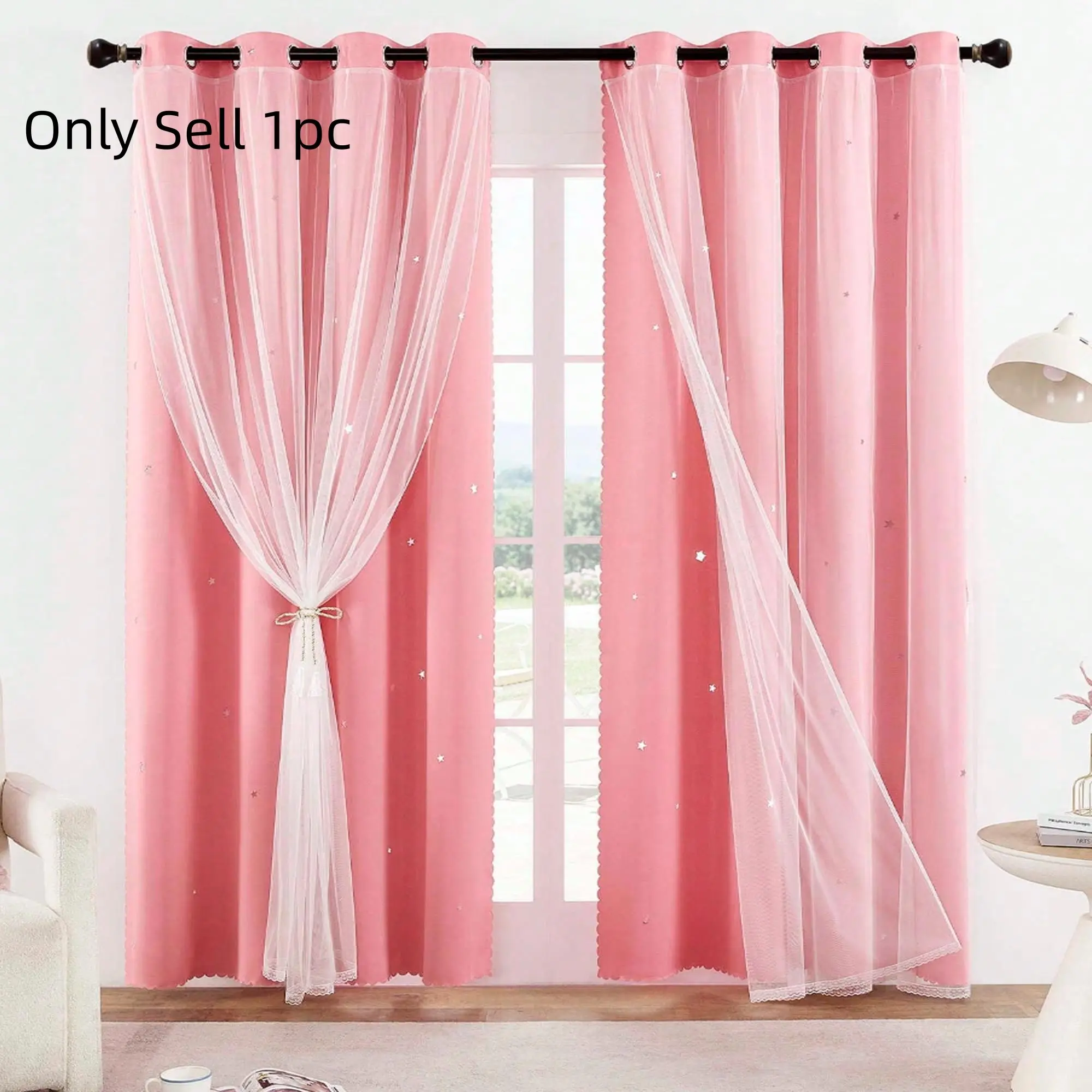 1 pc Princess Style Double Layer Blackout Thermal Insulated Window Curtain with Hollow Star Design, Sun Protection and Insulation for Kids' Room, Essential Home Decor, Blackout Window Cover, Curtains Black Out