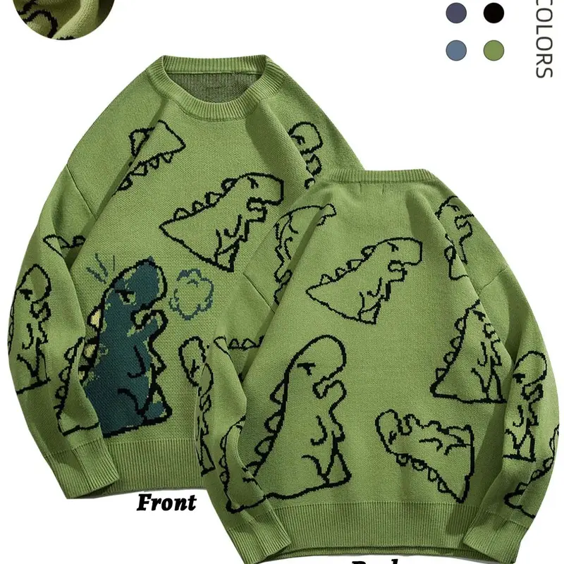 Men's New Trendy Classic Round Neck Long Sleeve Dinosaur Knitted Sweater, 1 Count Lounge Crew Neck Jumper for Fall & Winter, Casual Men's Knit Clothing for Daily Wear, Knitwear