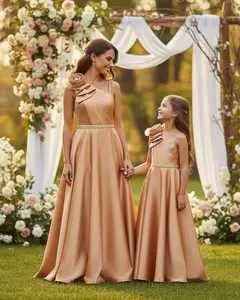 Champagne Gold Satin Maxi Dress for Women & Girls One-Shoulder Pleated Bodice with Floral Rosette Floor-Length Gown for Weddings Parties & Maternity